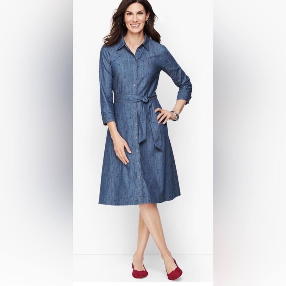 Talbots Long Sleeve Shirt Dress Denim Chambray Blue Polka Dot Belted Size 12P